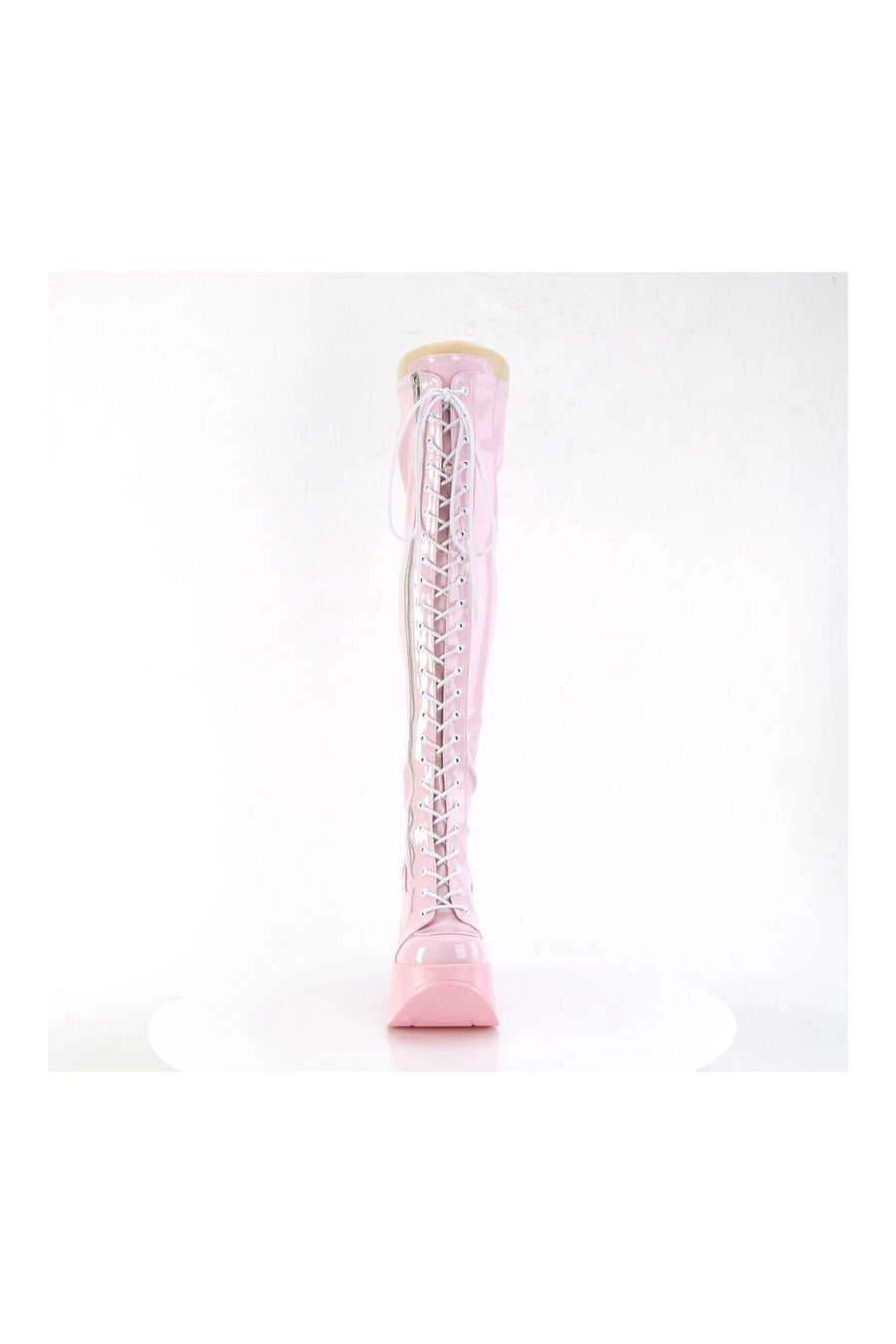Demonia DYNAMITE-300 Pink Hologram Patent Thigh Boot in Pink Hologram Patent