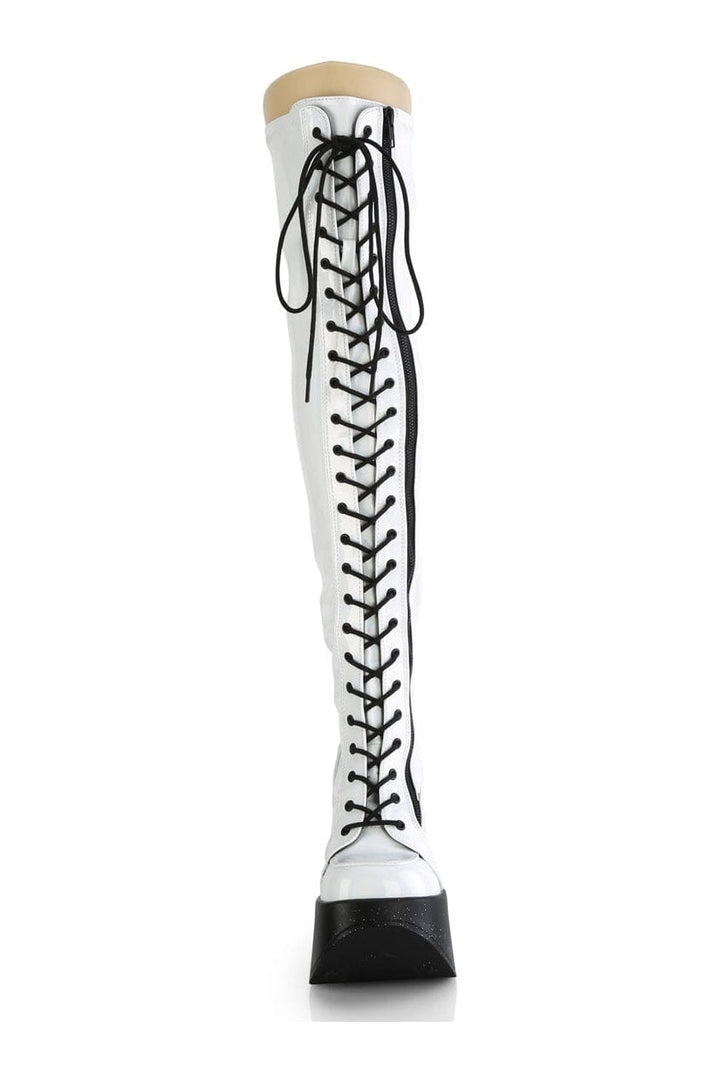 DYNAMITE-300 White Hologram Patent Thigh Boot