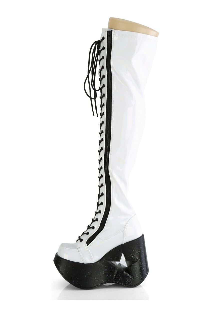 Demonia DYNAMITE-300 White Hologram Patent Thigh Boot in White Hologram Patent
