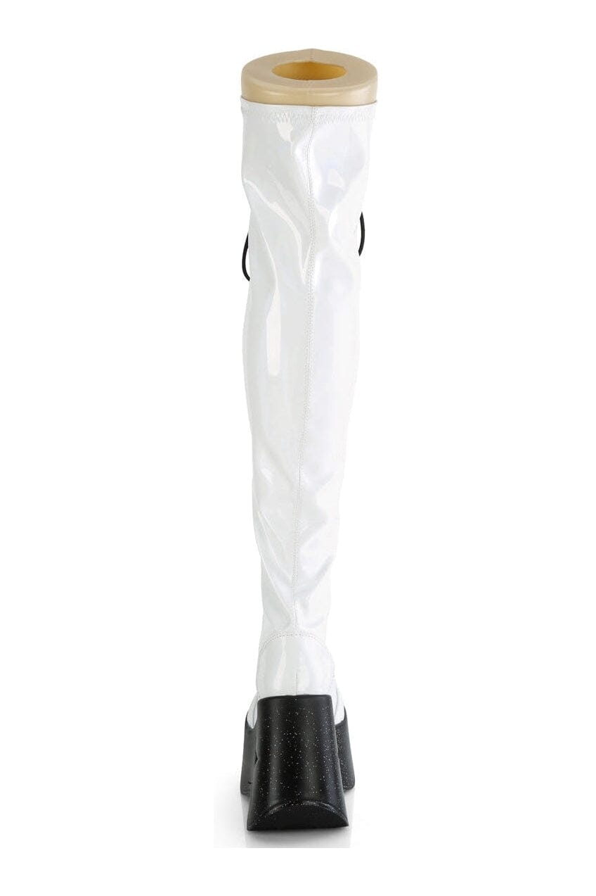 Demonia DYNAMITE-300 White Hologram Patent Thigh Boot in White Hologram Patent