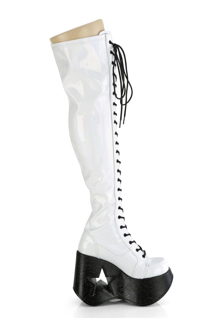 Demonia DYNAMITE-300 White Hologram Patent Thigh Boot in White Hologram Patent