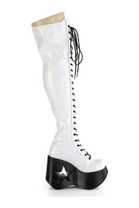 Demonia DYNAMITE-300 White Hologram Patent Thigh Boot in White Hologram Patent