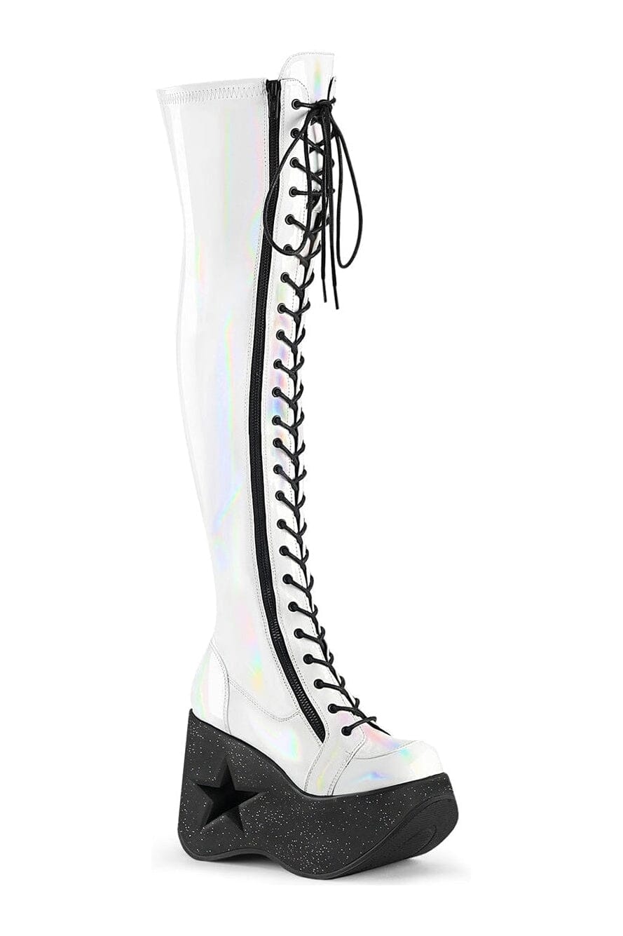DYNAMITE-300 White Hologram Patent Thigh Boot-Thigh Boots-Demonia-White-10-Hologram Patent-SEXYSHOES.COM