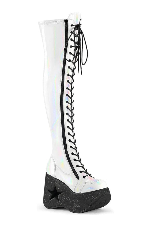 DYNAMITE-300 White Hologram Patent Thigh Boot