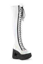 DYNAMITE-300 White Hologram Patent Thigh Boot