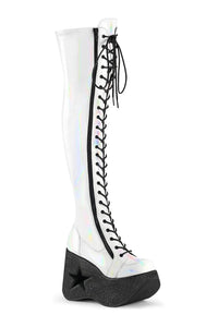 Demonia DYNAMITE-300 White Hologram Patent Thigh Boot in White Hologram Patent from SexyShoes.com
