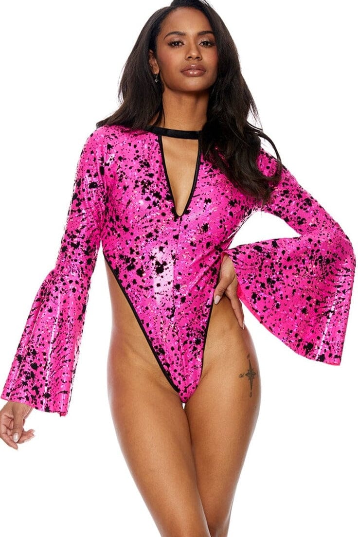 Bodyshotz Flocked Hologram Flarred Sleeve Bodysuit in Pink  from SexyShoes.com