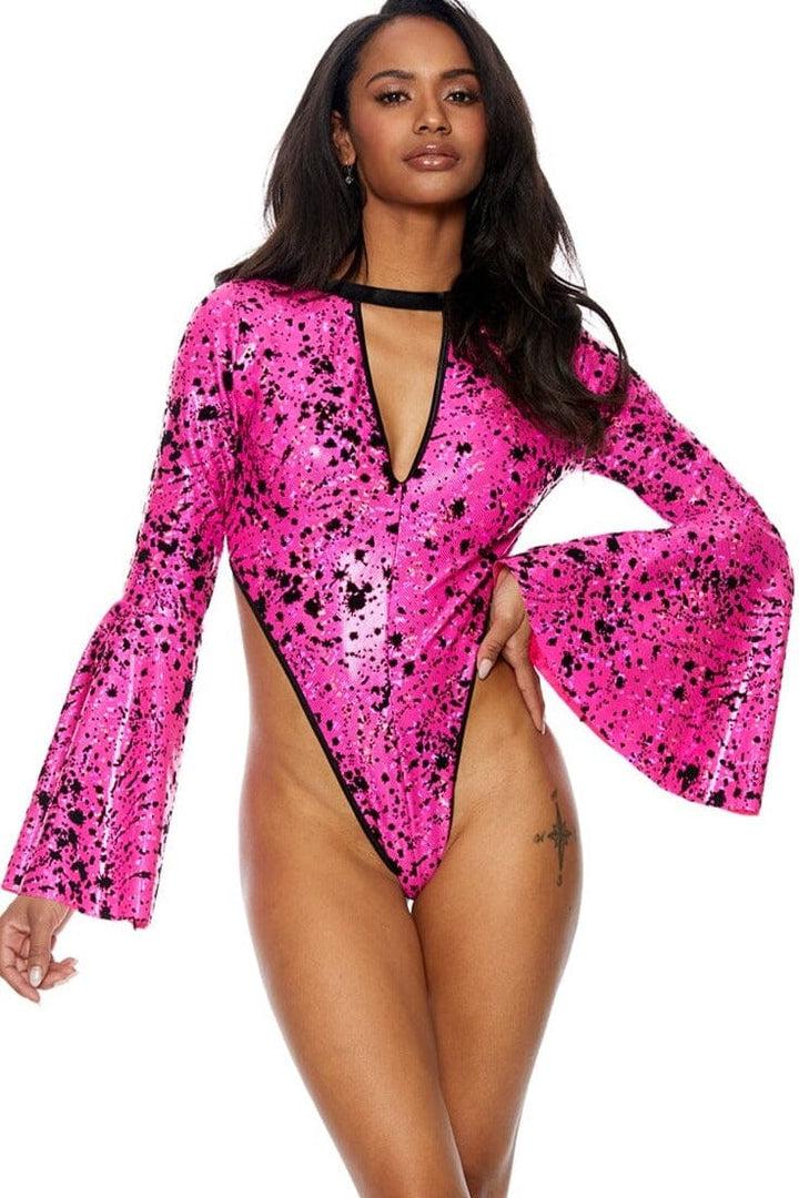 Daring Flocked Hologram Bodysuit Swimwear-Dancewear Rompers-Bodyshotz-Pink-O/S-SEXYSHOES.COM