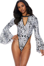 Flocked Hologram Flarred Sleeve Bodysuit