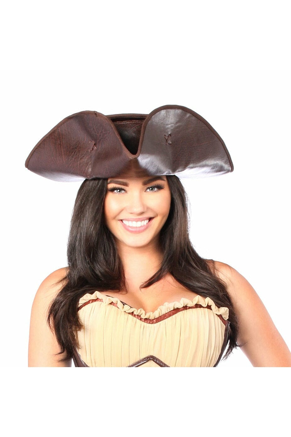 Dark Brown Distressed Faux Leather Pirate Hat-Costume Hats-Daisy Corsets-Brown-O/S-SEXYSHOES.COM