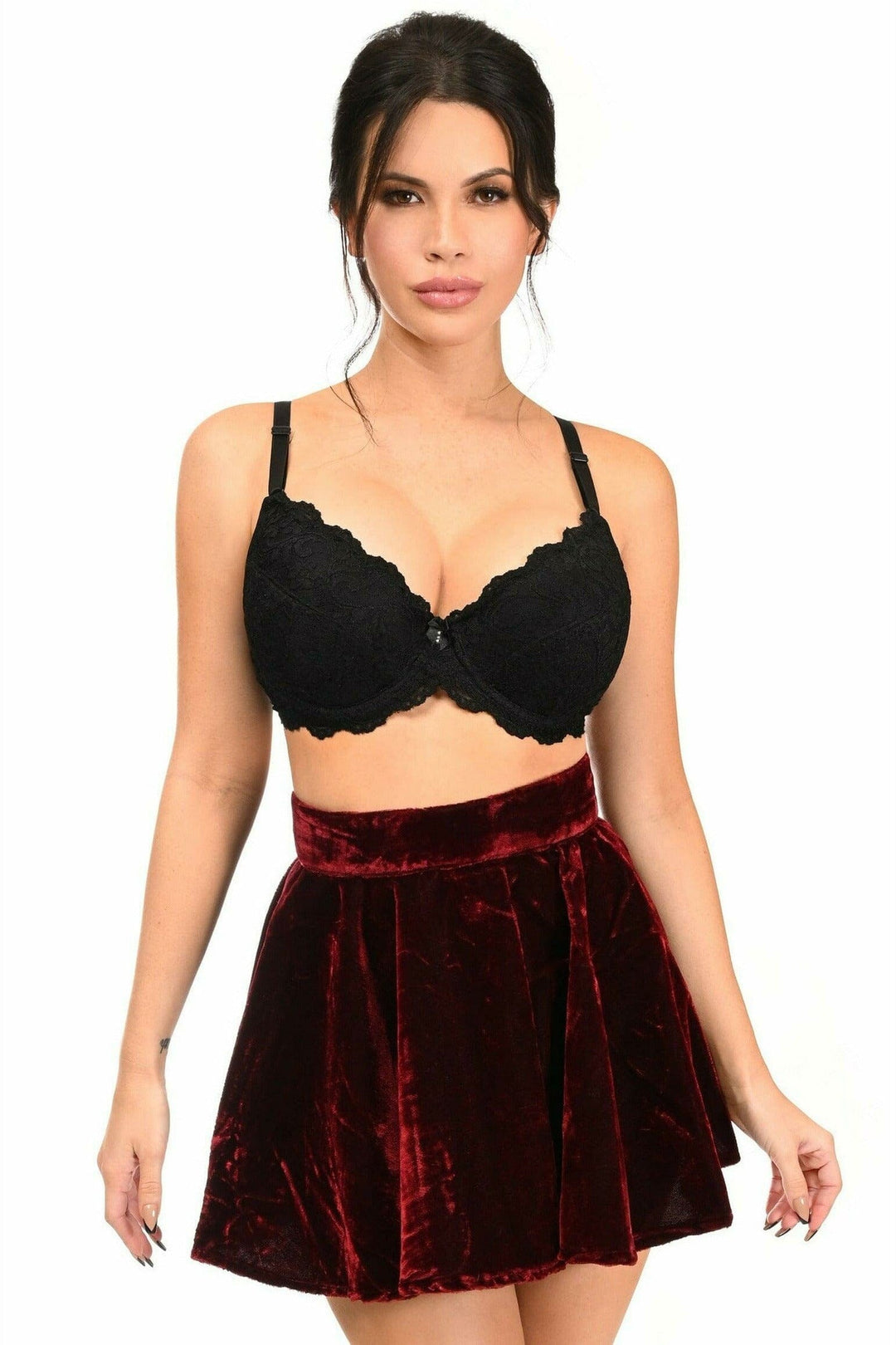 Dark Red Crushed Velvet Skirt-Mini Skirts-Daisy Corsets-Red-S-SEXYSHOES.COM