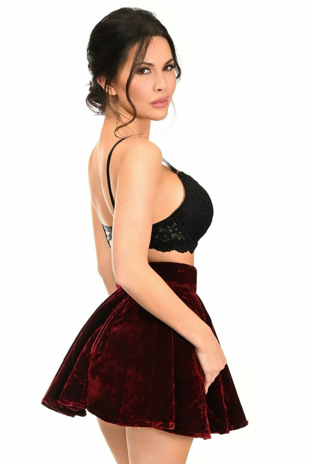 Dark Red Crushed Velvet Skirt-Mini Skirts-Daisy Corsets-SEXYSHOES.COM
