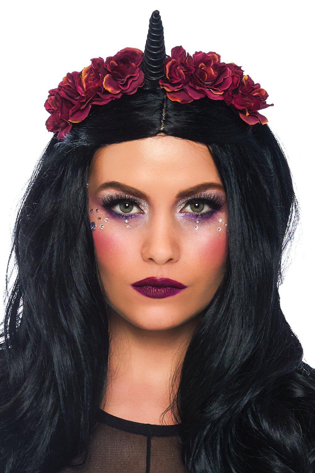 Dark Velvet Unicorn Flower Headband-Costume Headwear-Leg Avenue-Black-O/S-SEXYSHOES.COM