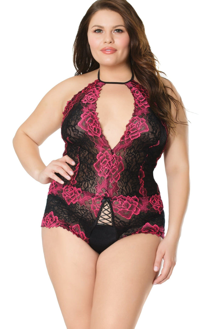 Deep V Lace Crotchless Teddy | Plus Size-Teddies-Coquette-Black-Q-SEXYSHOES.COM