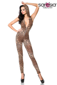 Saresia Deep V Plunge, Front Zipper Catsuit W/Hoodie in Animal  from SexyShoes.com