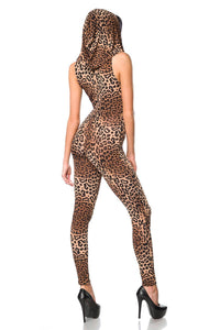 Saresia Deep V Plunge, Front Zipper Catsuit W/Hoodie in Animal 