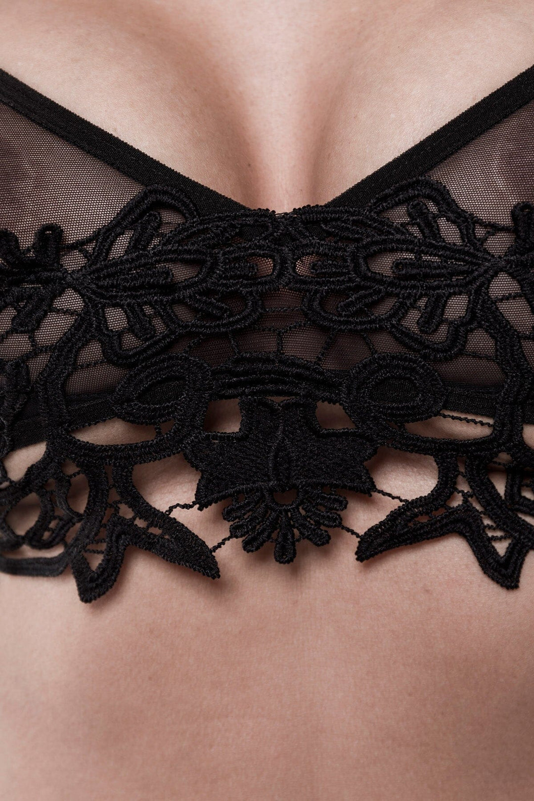 Grey Velvet Embroidered Mesh Lingerie Set in Black 