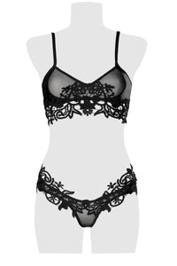 Grey Velvet Embroidered Mesh Lingerie Set in Black 