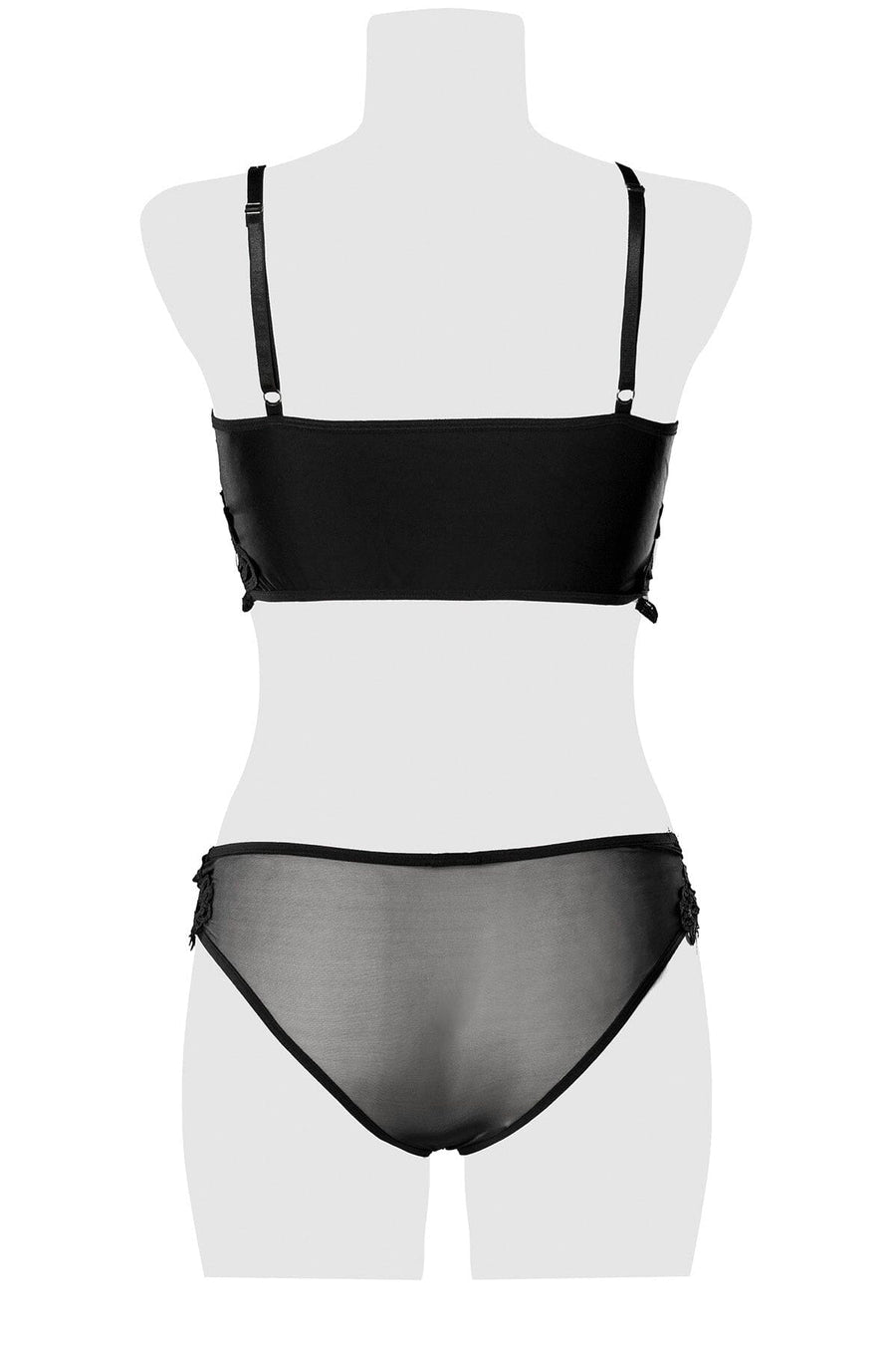 Grey Velvet Embroidered Mesh Lingerie Set in Black 