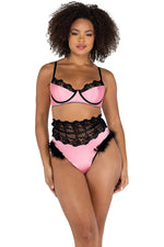 Embroidered & Satin Bralette with Underwire Support & High-Waisted Shorts with Faux Fur Trim