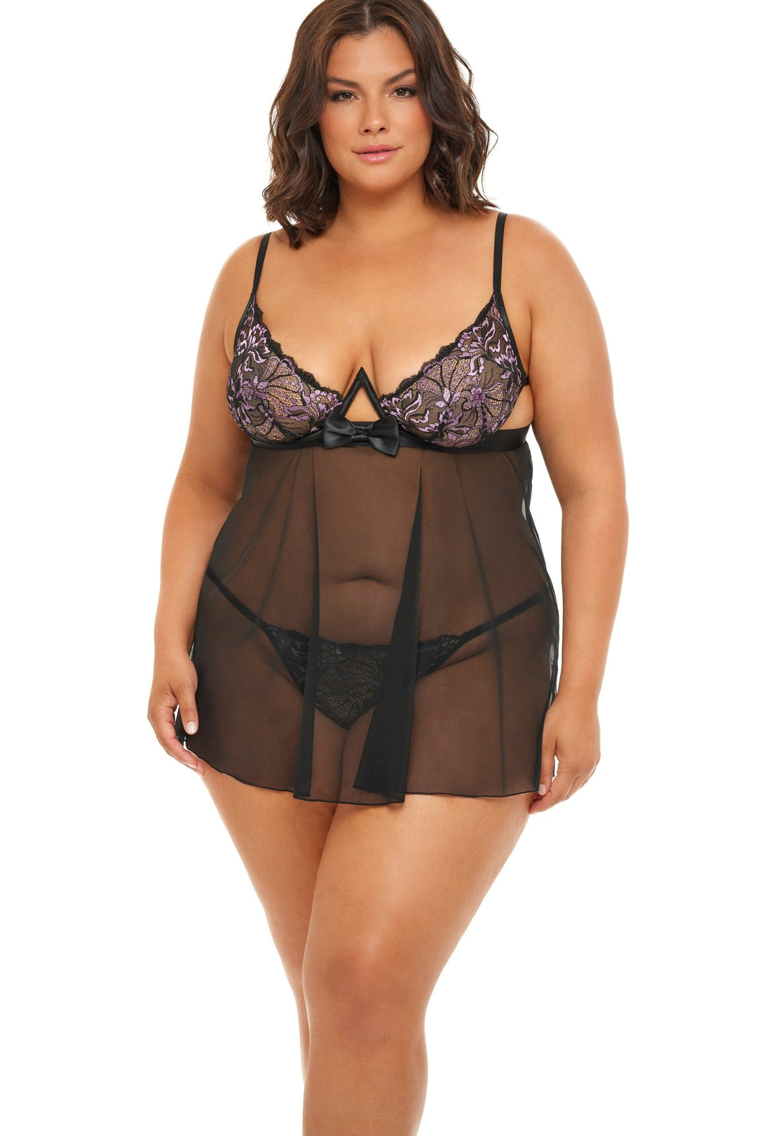 Empire Waist Babydoll With Bow Details And Matching G-String-Babydolls-Oh La La Cheri-Black-1/2XL-SEXYSHOES.COM