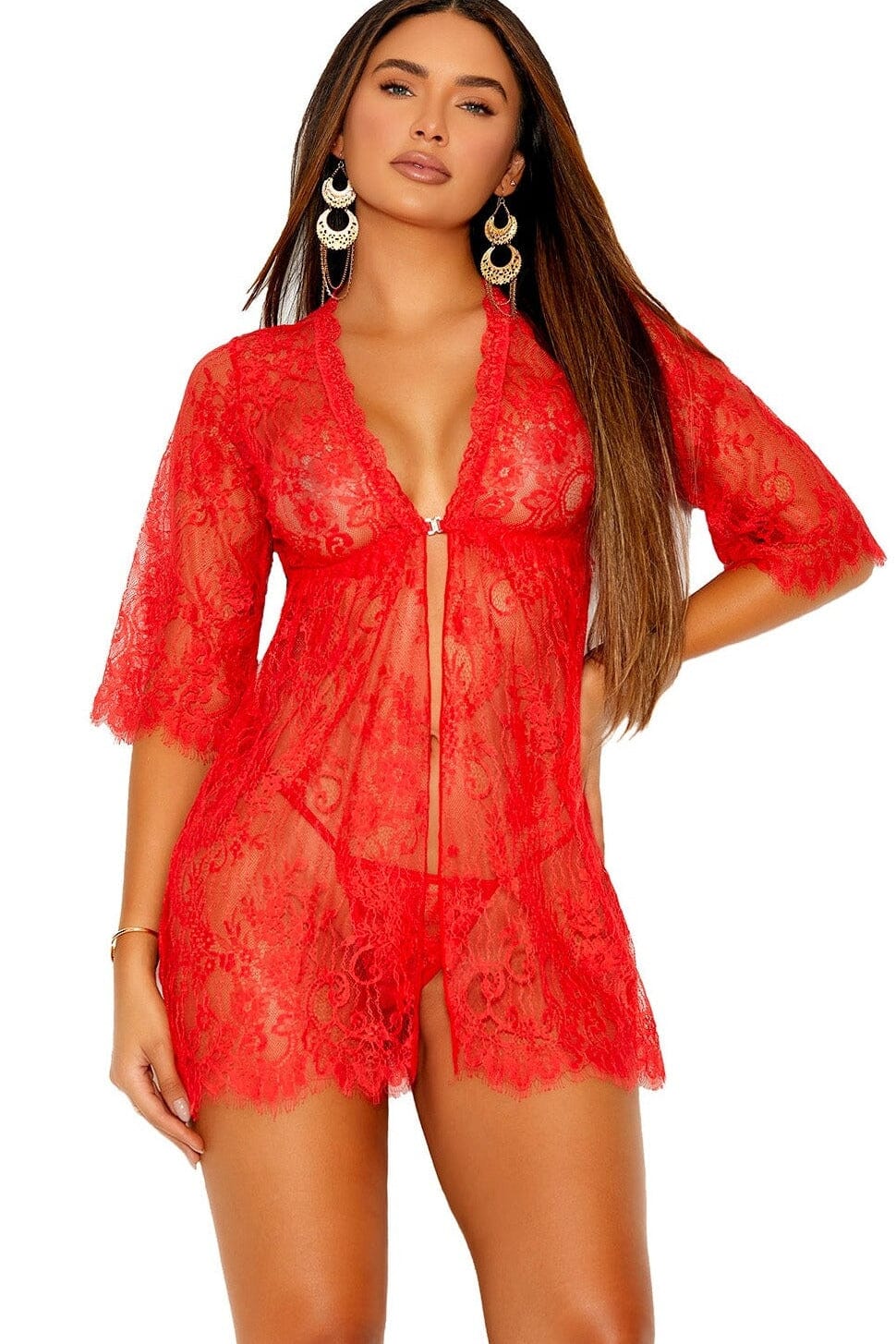 Eyelash Lace Babydoll With Front Clip Closure-Babydolls-Elegant Moments-Red-S-SEXYSHOES.COM