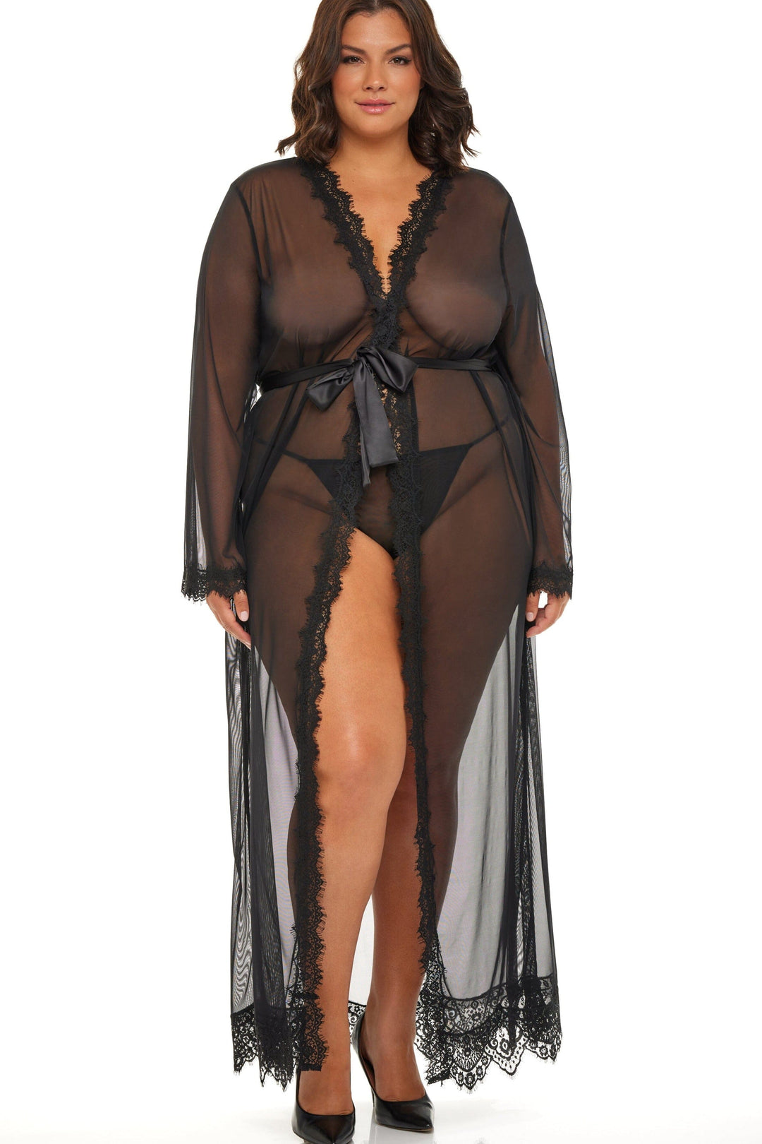 Eyelash Lace Floor Length Robe With Satin Sash-Gowns + Robes-Oh La La Cheri-Black-1/2XL-SEXYSHOES.COM