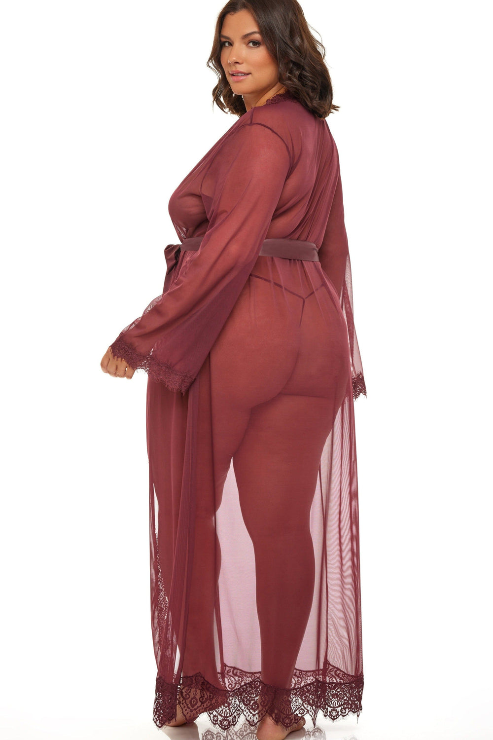 Eyelash Lace Floor Length Robe With Satin Sash-Gowns + Robes-Oh La La Cheri-Red-1/2XL-SEXYSHOES.COM
