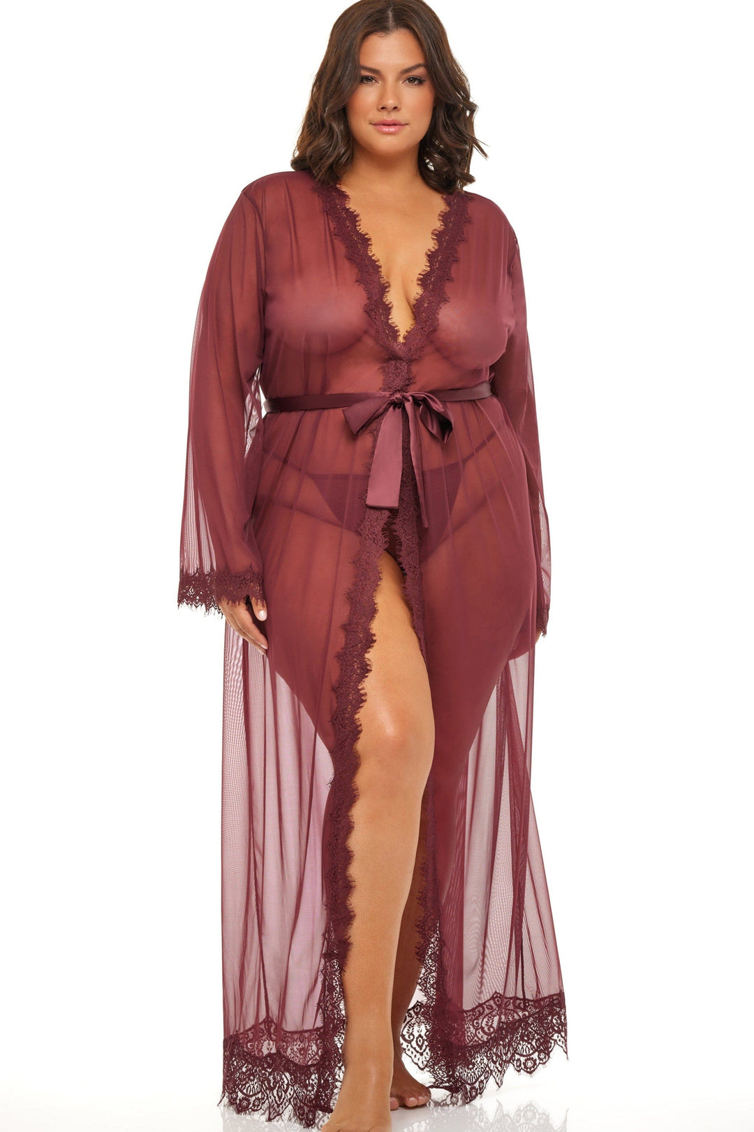 Eyelash Lace Floor Length Robe With Satin Sash-Gowns + Robes-Oh La La Cheri-Red-1/2XL-SEXYSHOES.COM