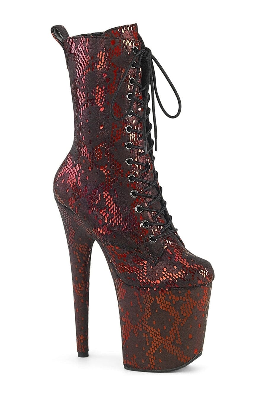 Pleaser FLAMINGO-1040SPF Red Faux Snake Ankle Boot in Red Faux Snake from SexyShoes.com