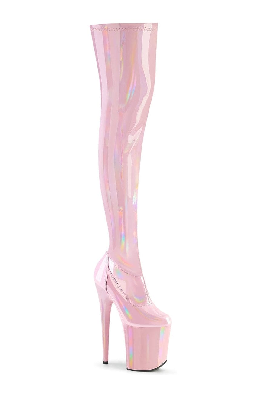 Pleaser FLAMINGO-3000HWR Pink Hologram Thigh Boot in Pink Hologram from SexyShoes.com