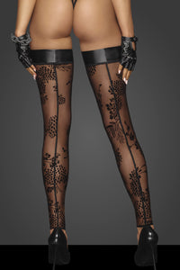 Noir Handmade Flocked Embroidery and Tulle Banded Stockings in Black Tulle