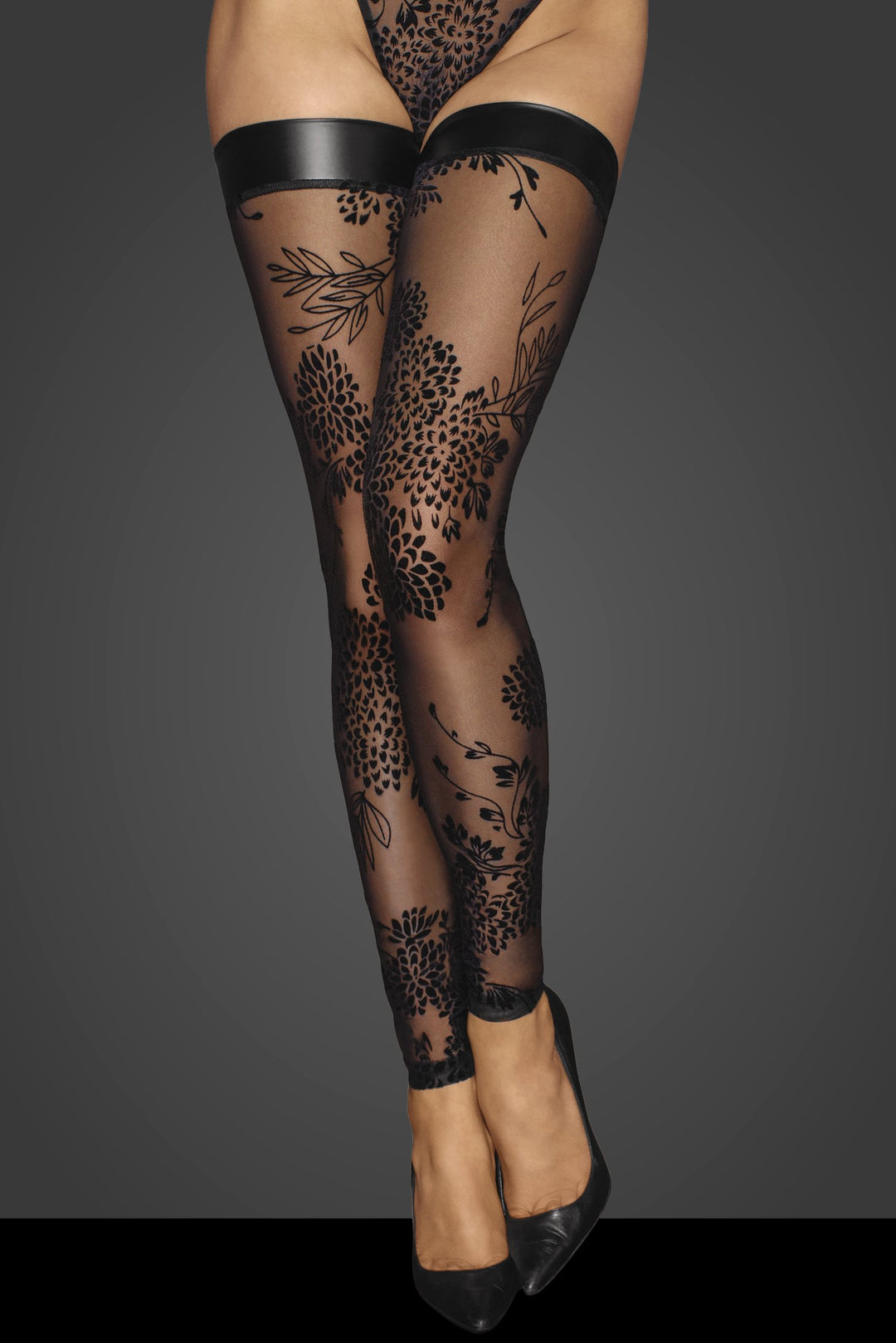 Flocked Embroidery and Tulle Banded Stockings-Fetish Leggings-Noir Handmade-SEXYSHOES.COM