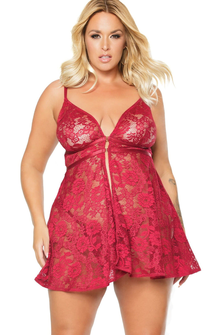 Floral Lace Babydoll Thong Set | Plus Size-Babydolls-Coquette-Red-Q-SEXYSHOES.COM