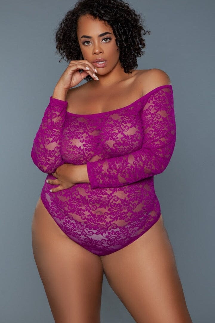 Fuchsia Scooped Neck Long Sleeves Bodysuit | Plus Size-Bodysuits-BeWicked-Fuchsia-1X-SEXYSHOES.COM