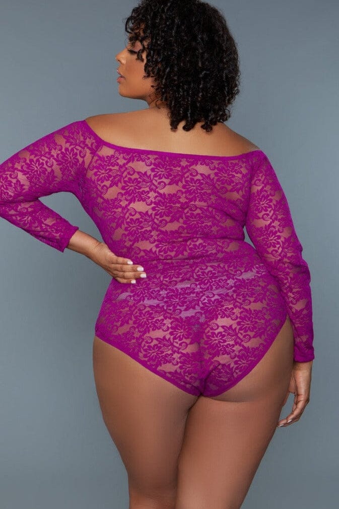 Fuchsia Scooped Neck Long Sleeves Bodysuit | Plus Size-Bodysuits-BeWicked-SEXYSHOES.COM