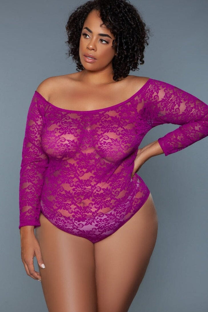Fuchsia Scooped Neck Long Sleeves Bodysuit | Plus Size-Bodysuits-BeWicked-SEXYSHOES.COM