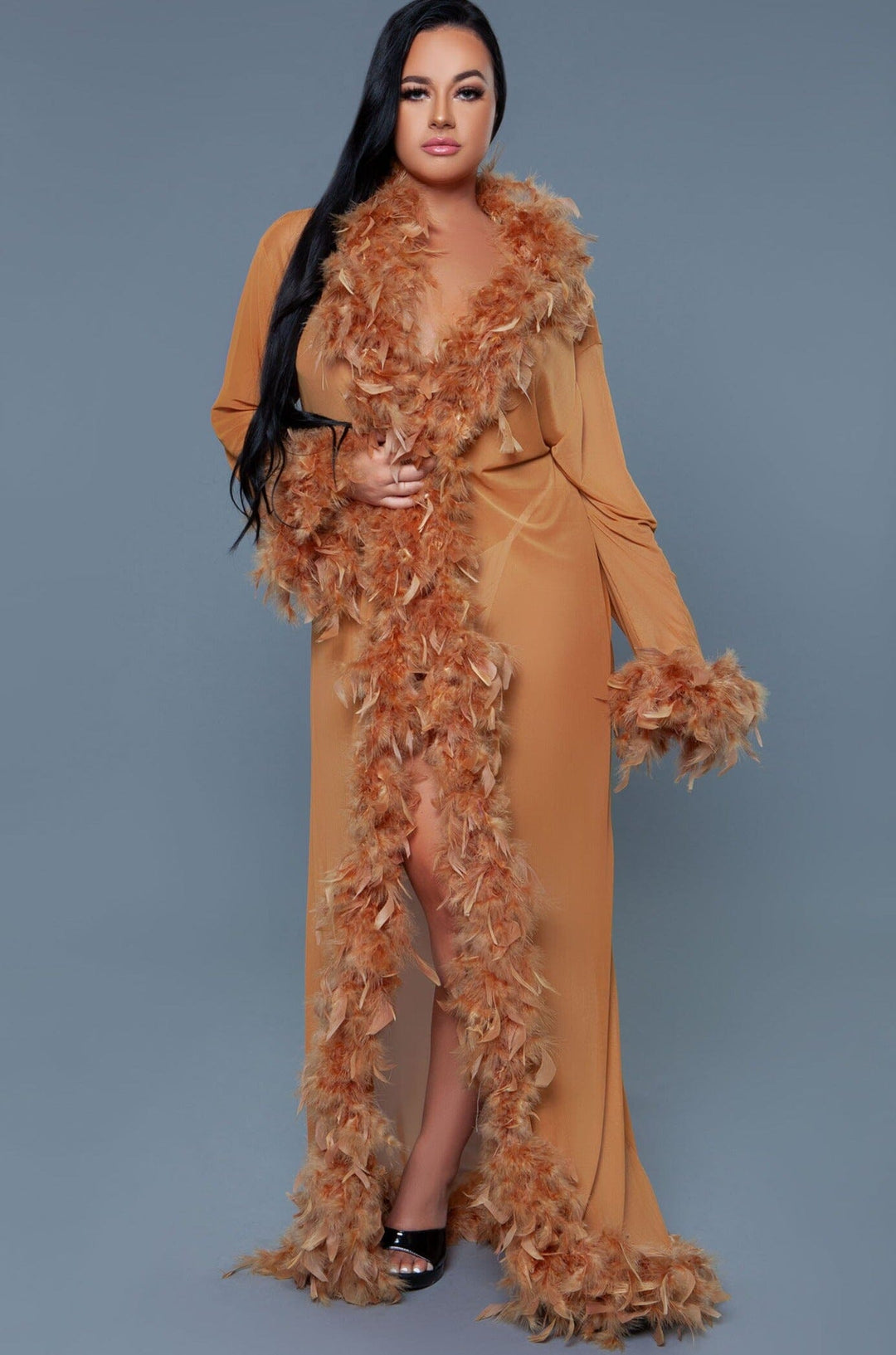 Full-Length Feather Robe-Gowns + Robes-BeWicked-Brown-O/S-SEXYSHOES.COM