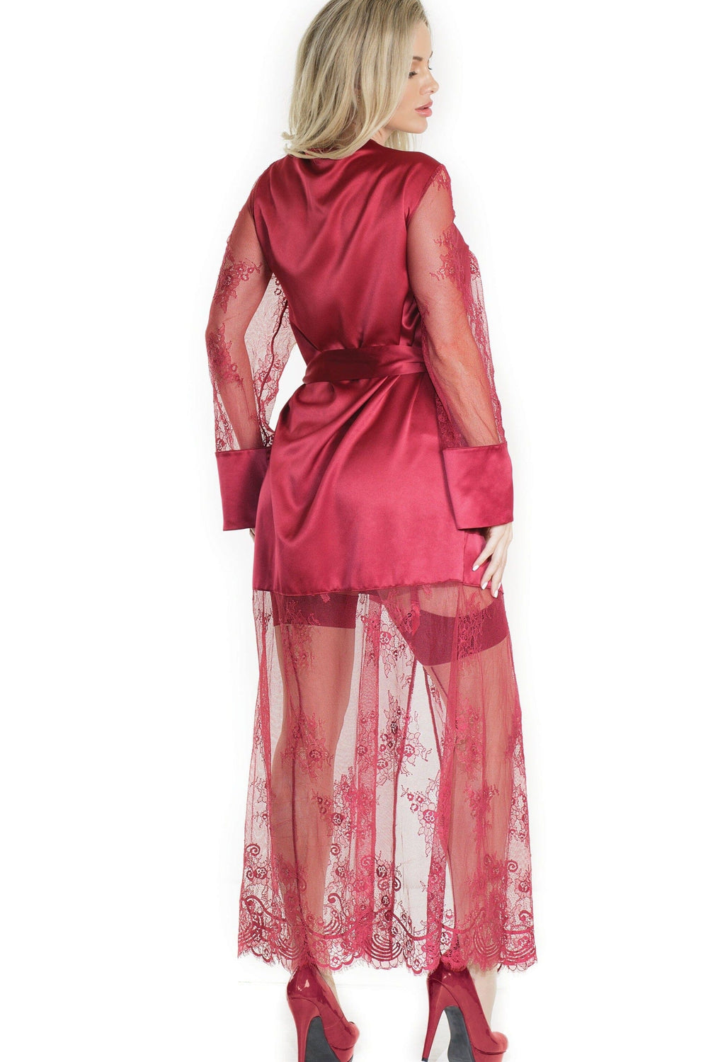 Full Length Satin And Eyelash Rigid Lace Robe With Sash-Gowns + Robes-Coquette-Red-O/S-SEXYSHOES.COM