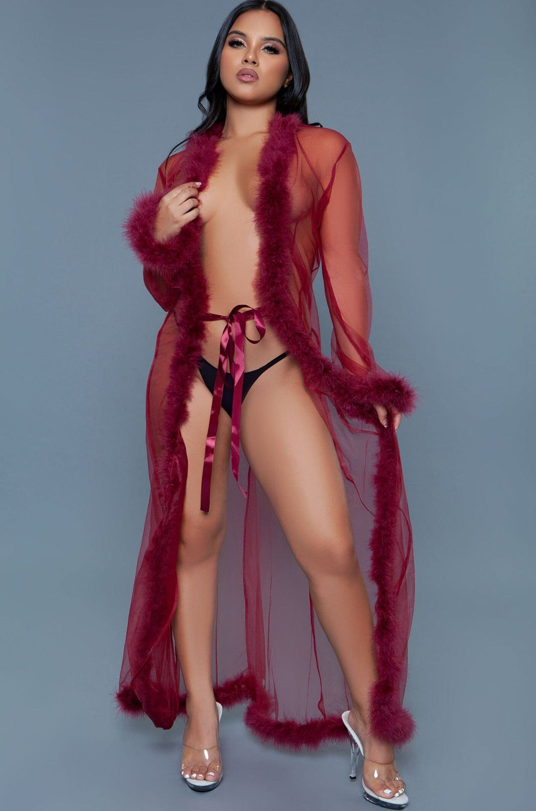 Full-Length Sheer Marabou Robe-Gowns + Robes-BeWicked-Red-O/S-SEXYSHOES.COM