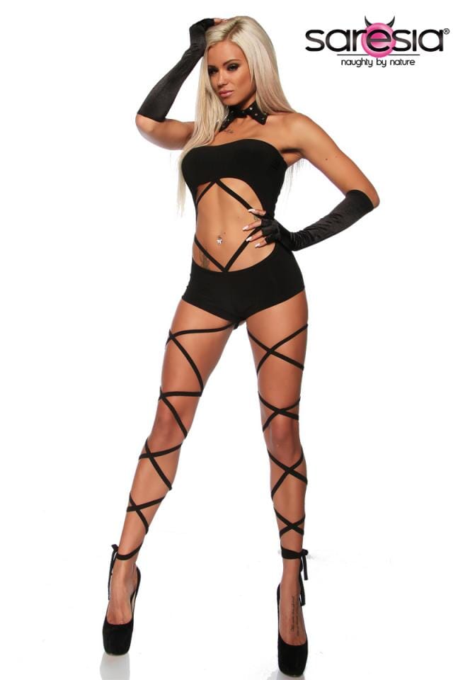 Gogo Wrap Around Bodysuit w/Ribbons-Fetish Bodysuits-Saresia-Black-O/S-SEXYSHOES.COM