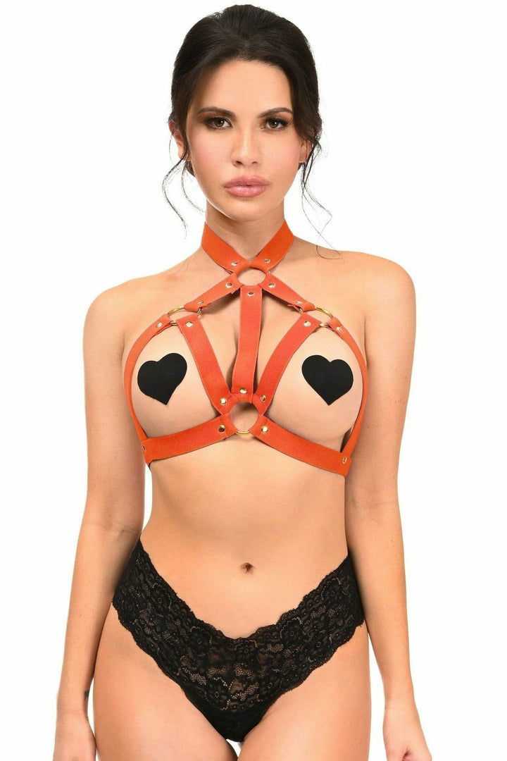 Red Stretchy Body Harness W/Gold Hardware