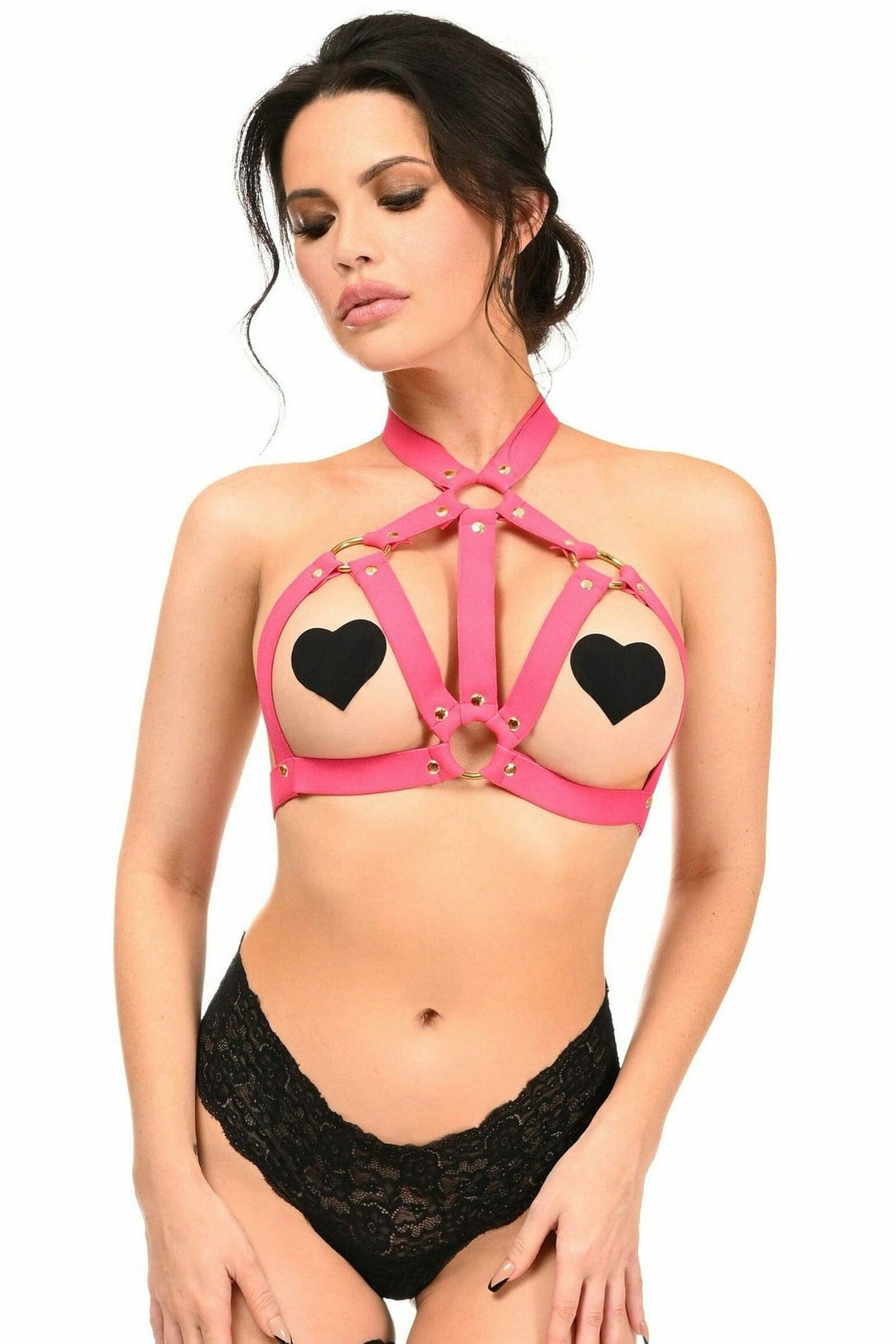 Hot Pink Stretchy Body Harness W/Gold Hardware