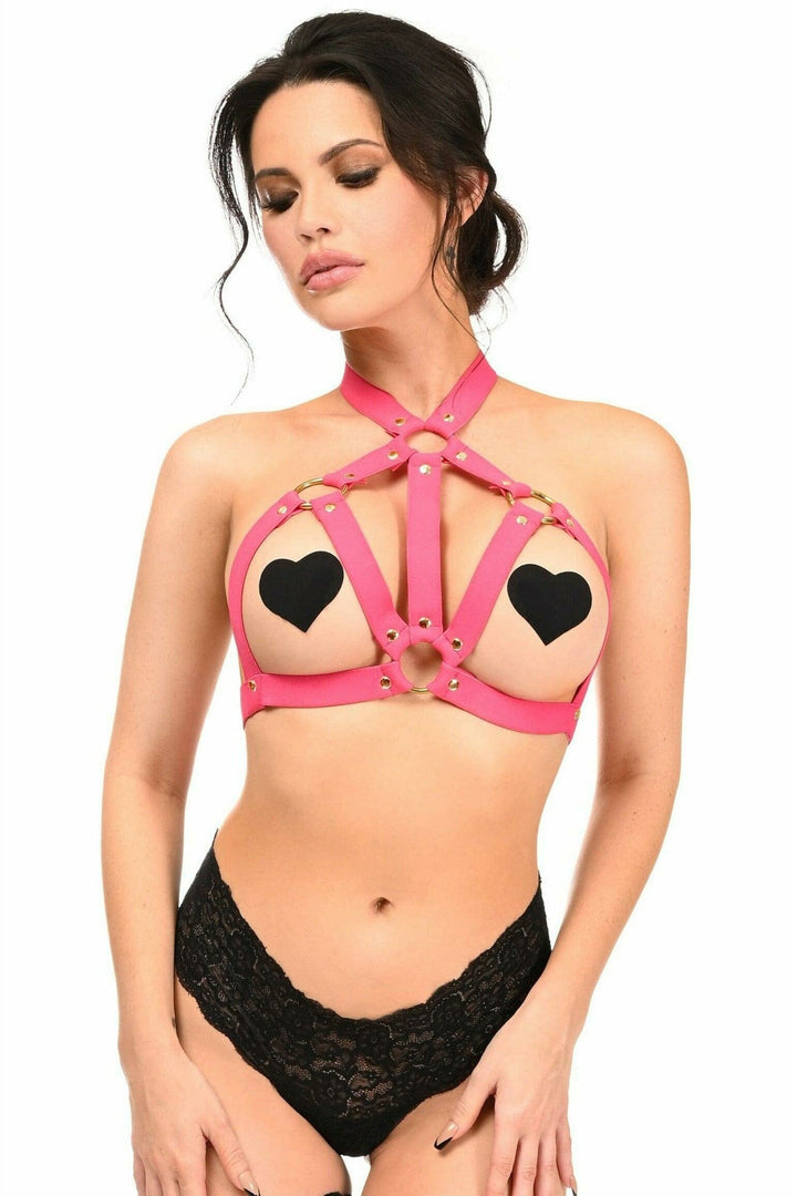 Hot Pink Stretchy Body Harness W/Gold Hardware