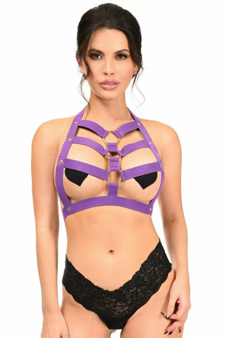 Dark Purple Stretchy Body Harness W/Gold Hardware