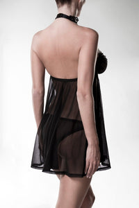 Grey Velvet Halter Choker Mesh Babydoll Set in Black 