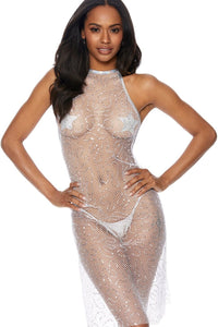 Bodyshotz Sequin Mesh Open Back Halter Dress in Silver  from SexyShoes.com