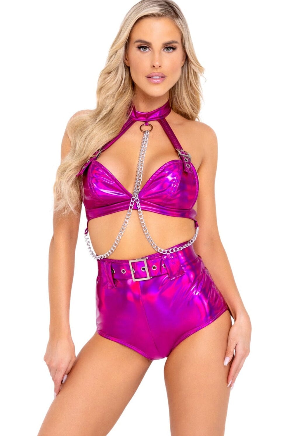 Holographic High-Waisted Shorts with Belt-Booty Shorts-Roma Dancewear-Fuchsia-L-SEXYSHOES.COM
