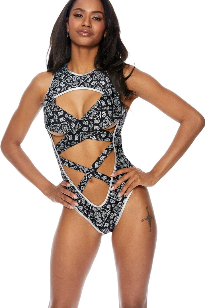 Paisley Bandana Criss Cross Swimwear Bodysuit with Deep Plunge