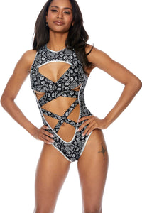 Bodyshotz Paisley Bandana Criss Cross Swimwear Bodysuit with Deep Plunge in Black  from SexyShoes.com